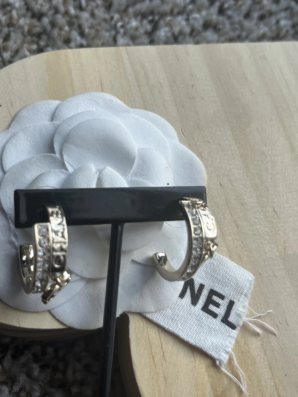 Authentic CHANEL Gold-Tone Crystal Small Hoop Earrings